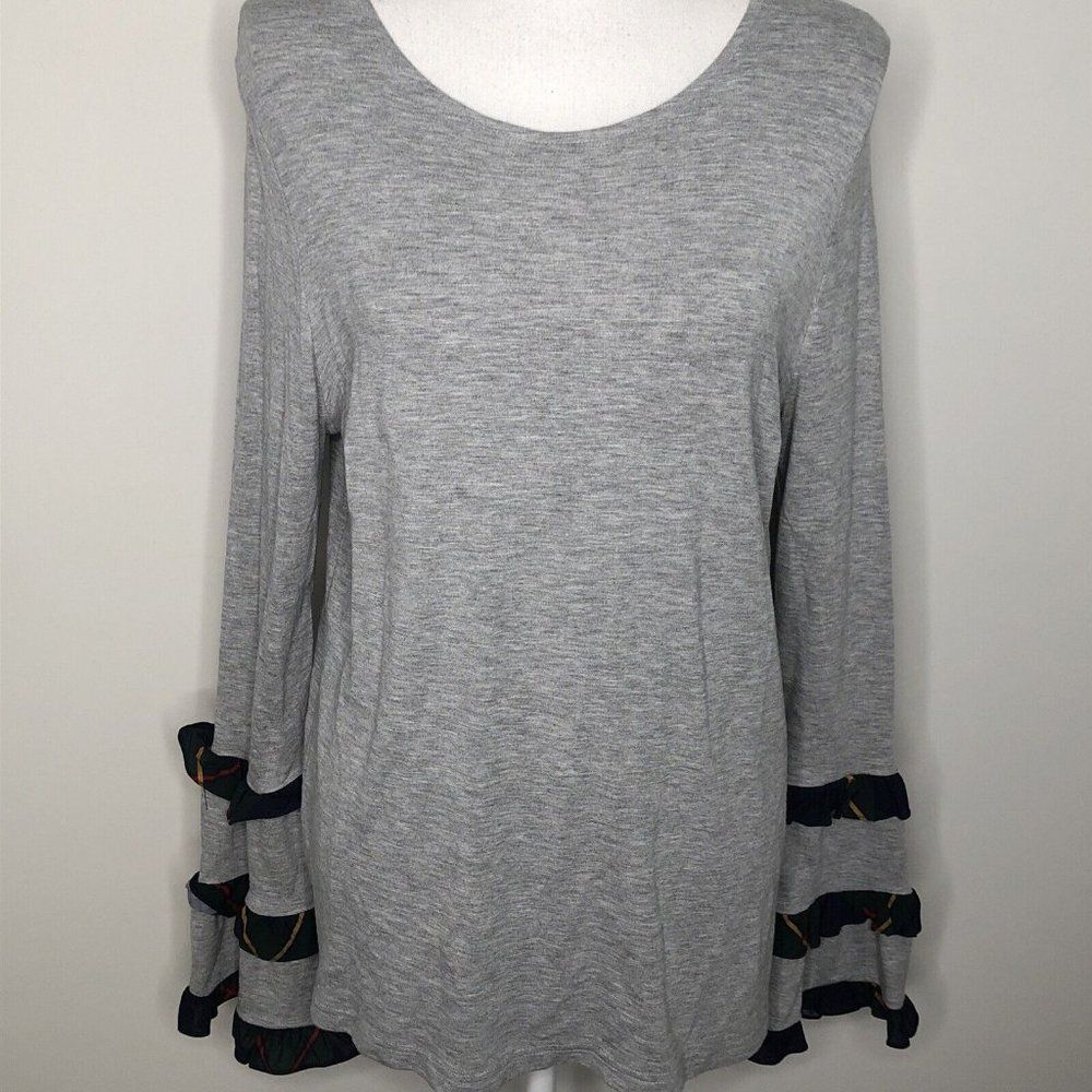 Crown & Ivy Gray Top Plaid Trim Bell Sleeves Women’s L Christmas Green Blue Red